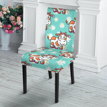 Cartoon Cow And Daisy Flower Print Dining Chair Slipcover