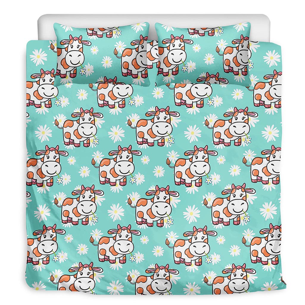 Cartoon Cow And Daisy Flower Print Duvet Cover Bedding Set