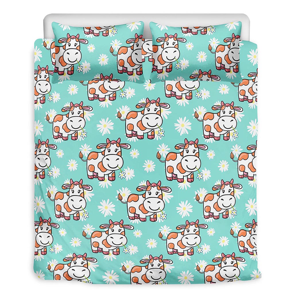 Cartoon Cow And Daisy Flower Print Duvet Cover Bedding Set