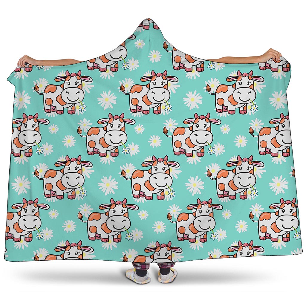 Cartoon Cow And Daisy Flower Print Hooded Blanket