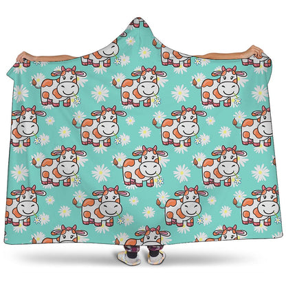 Cartoon Cow And Daisy Flower Print Hooded Blanket