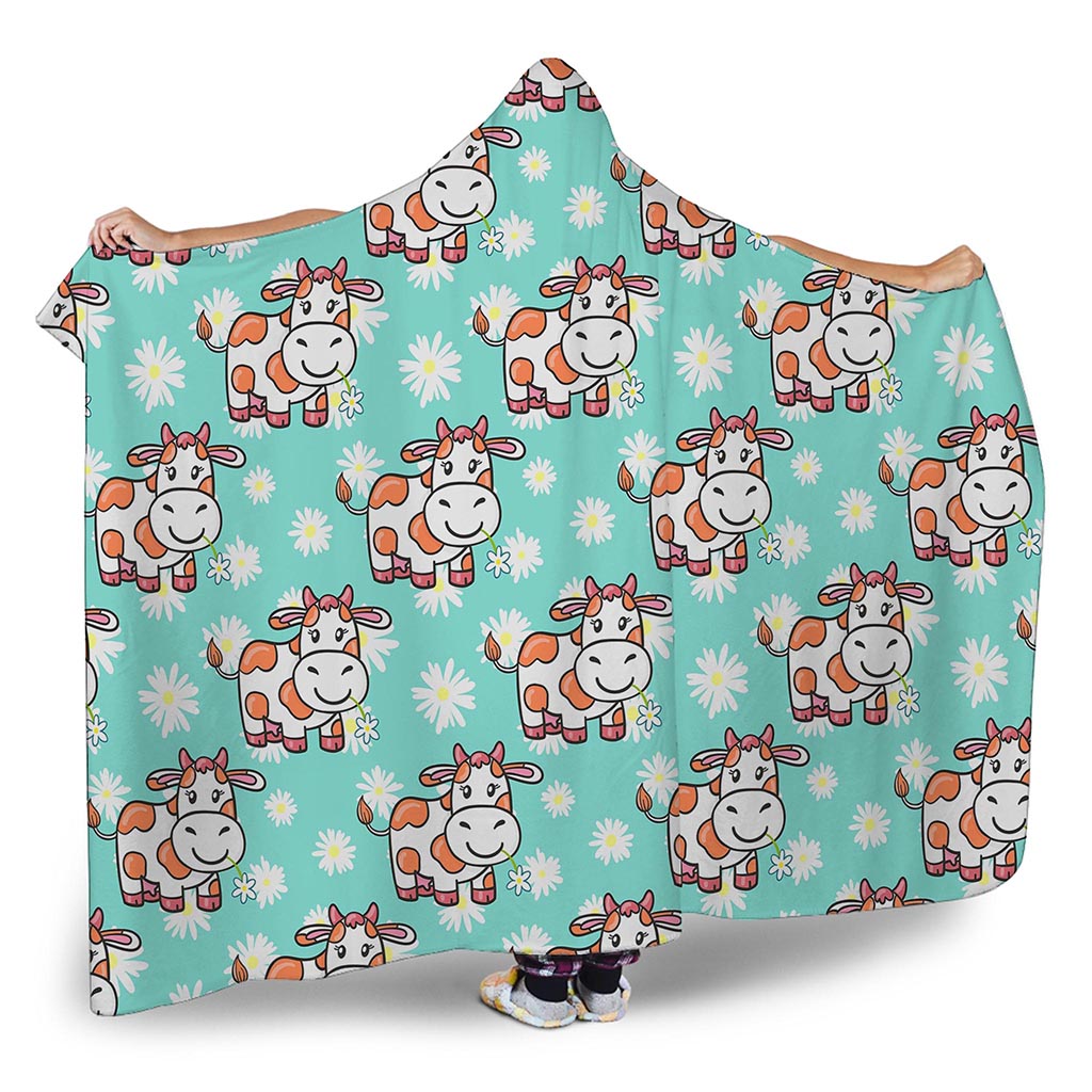 Cartoon Cow And Daisy Flower Print Hooded Blanket