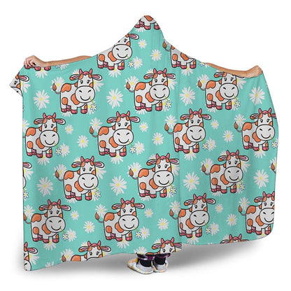 Cartoon Cow And Daisy Flower Print Hooded Blanket