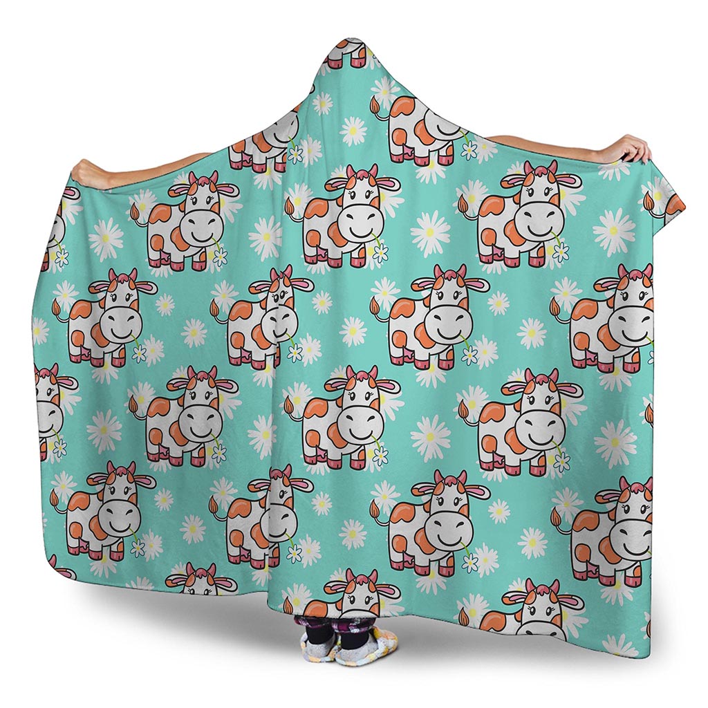 Cartoon Cow And Daisy Flower Print Hooded Blanket