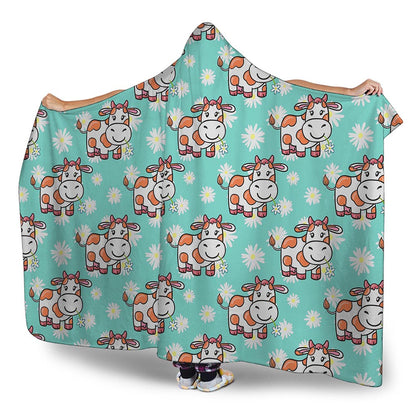 Cartoon Cow And Daisy Flower Print Hooded Blanket