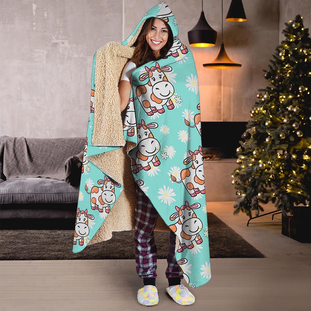 Cartoon Cow And Daisy Flower Print Hooded Blanket
