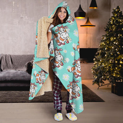 Cartoon Cow And Daisy Flower Print Hooded Blanket