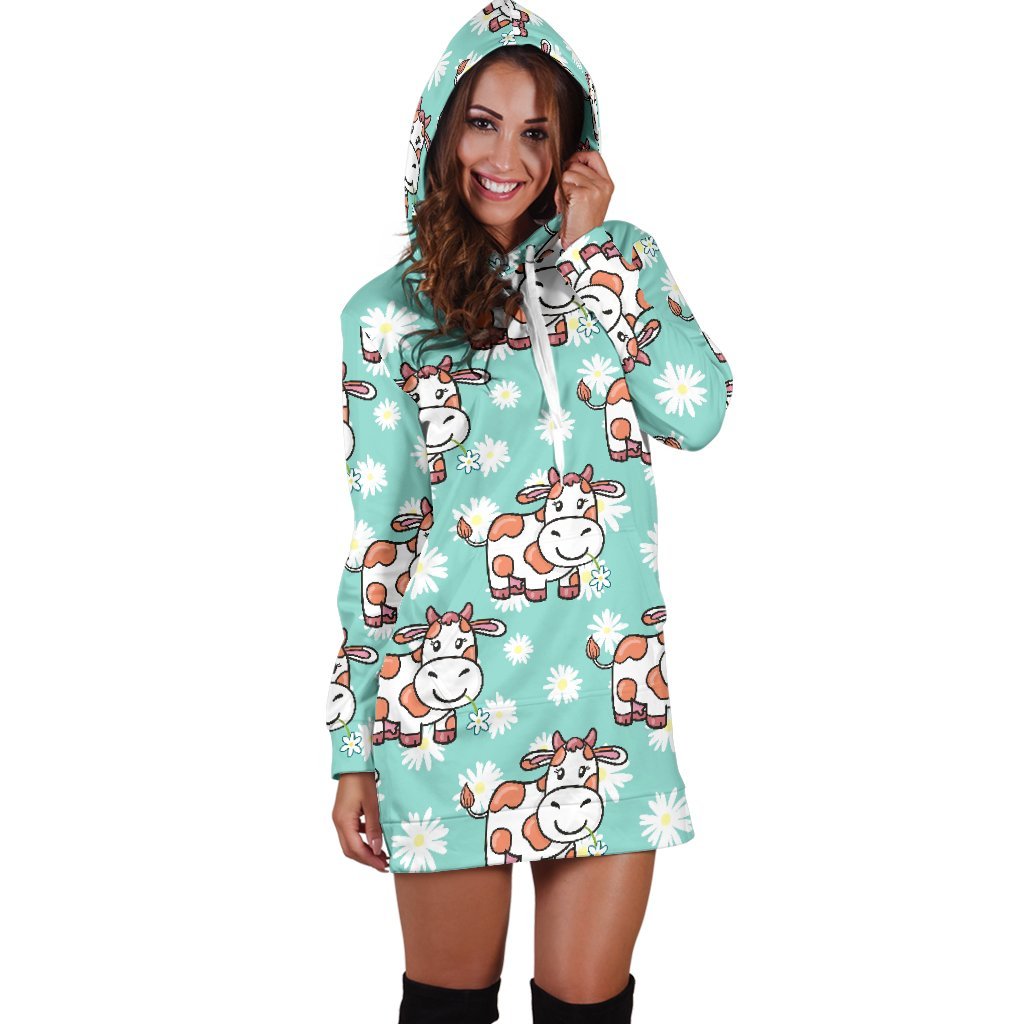 Cartoon Cow And Daisy Flower Print Hoodie Dress GearFrost