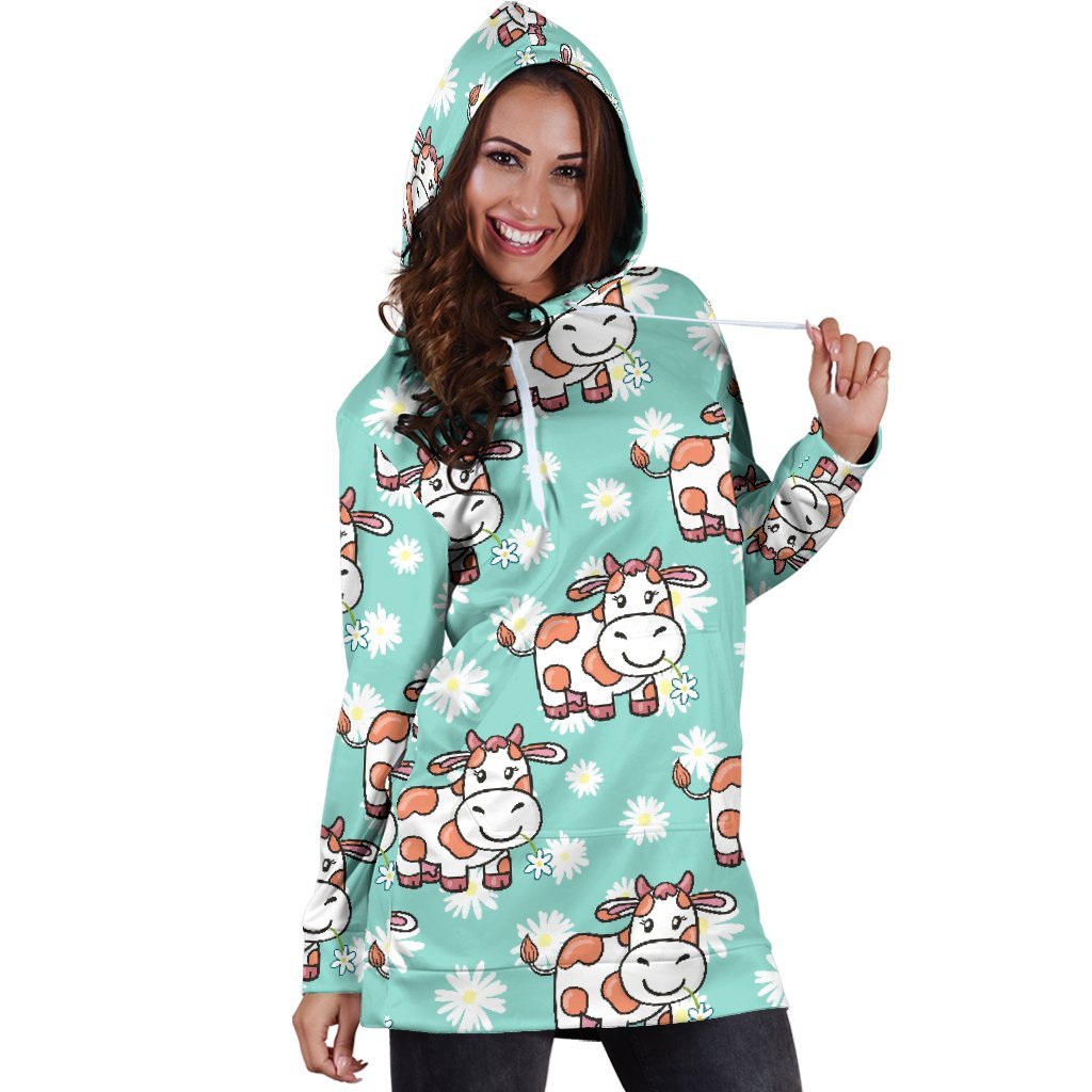 Cartoon Cow And Daisy Flower Print Hoodie Dress GearFrost
