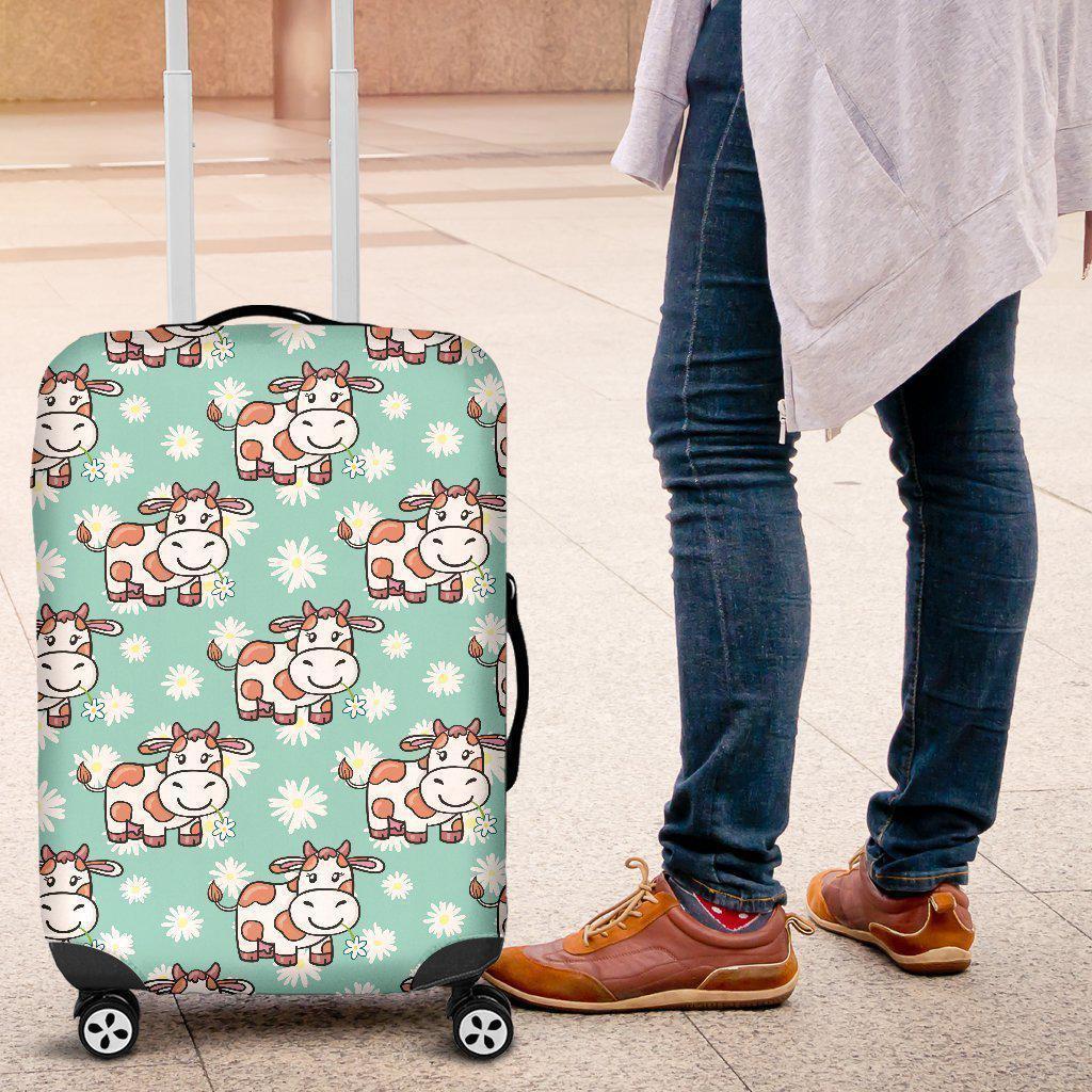 Cartoon Cow And Daisy Flower Print Luggage Cover GearFrost