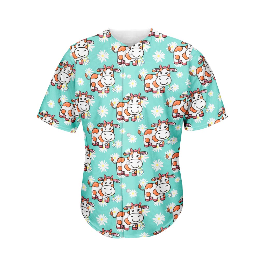 Cartoon Cow And Daisy Flower Print Men's Baseball Jersey