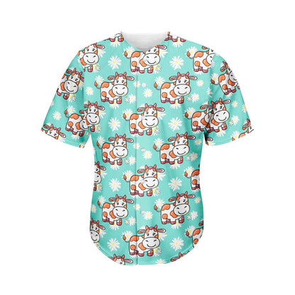 Cartoon Cow And Daisy Flower Print Men's Baseball Jersey