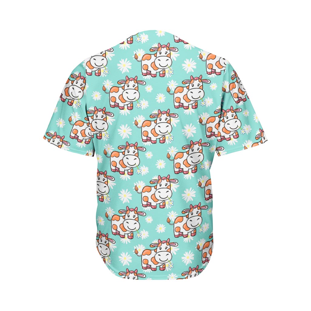 Cartoon Cow And Daisy Flower Print Men's Baseball Jersey