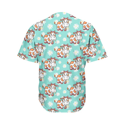 Cartoon Cow And Daisy Flower Print Men's Baseball Jersey