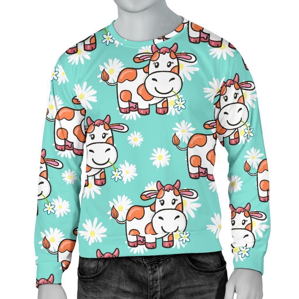 Cartoon Cow And Daisy Flower Print Men's Crewneck Sweatshirt GearFrost
