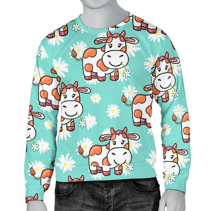 Cartoon Cow And Daisy Flower Print Men's Crewneck Sweatshirt GearFrost