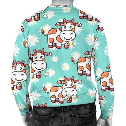 Cartoon Cow And Daisy Flower Print Men's Crewneck Sweatshirt GearFrost