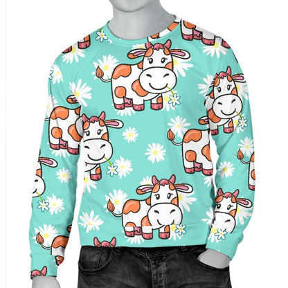Cartoon Cow And Daisy Flower Print Men's Crewneck Sweatshirt GearFrost