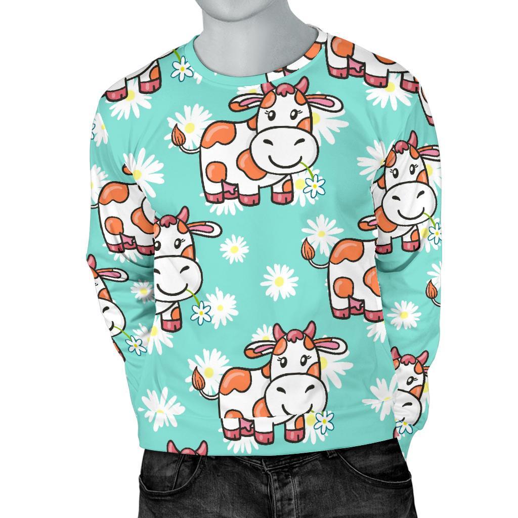 Cartoon Cow And Daisy Flower Print Men's Crewneck Sweatshirt GearFrost