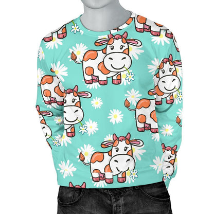 Cartoon Cow And Daisy Flower Print Men's Crewneck Sweatshirt GearFrost