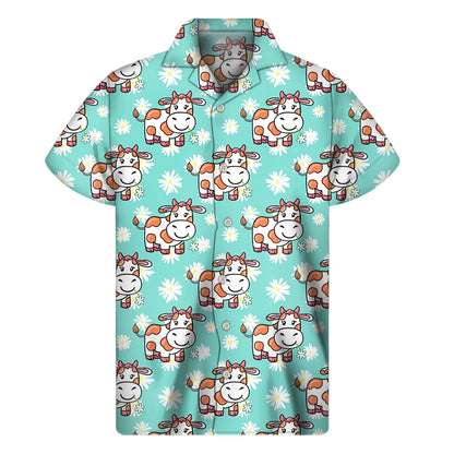 Cartoon Cow And Daisy Flower Print Men's Short Sleeve Shirt