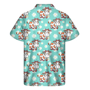 Cartoon Cow And Daisy Flower Print Men's Short Sleeve Shirt