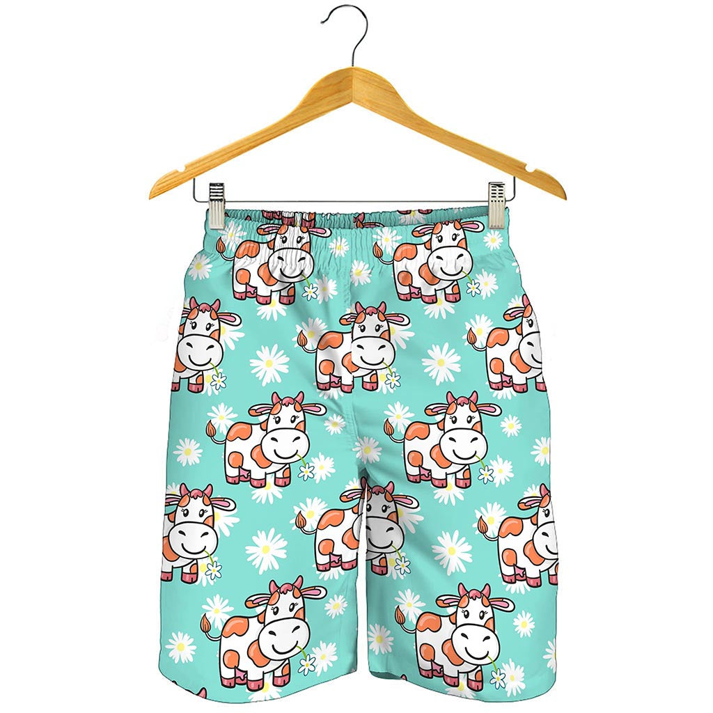 Cartoon Cow And Daisy Flower Print Men's Shorts