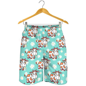 Cartoon Cow And Daisy Flower Print Men's Shorts