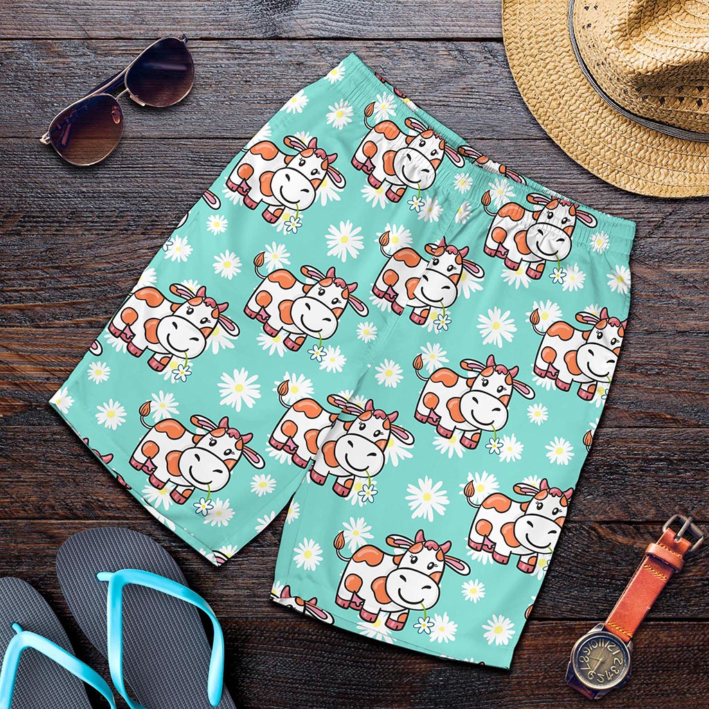 Cartoon Cow And Daisy Flower Print Men's Shorts