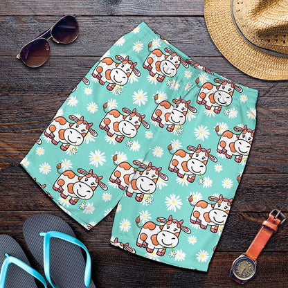 Cartoon Cow And Daisy Flower Print Men's Shorts