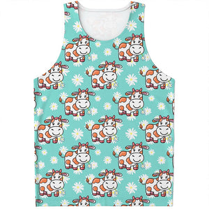 Cartoon Cow And Daisy Flower Print Men's Tank Top