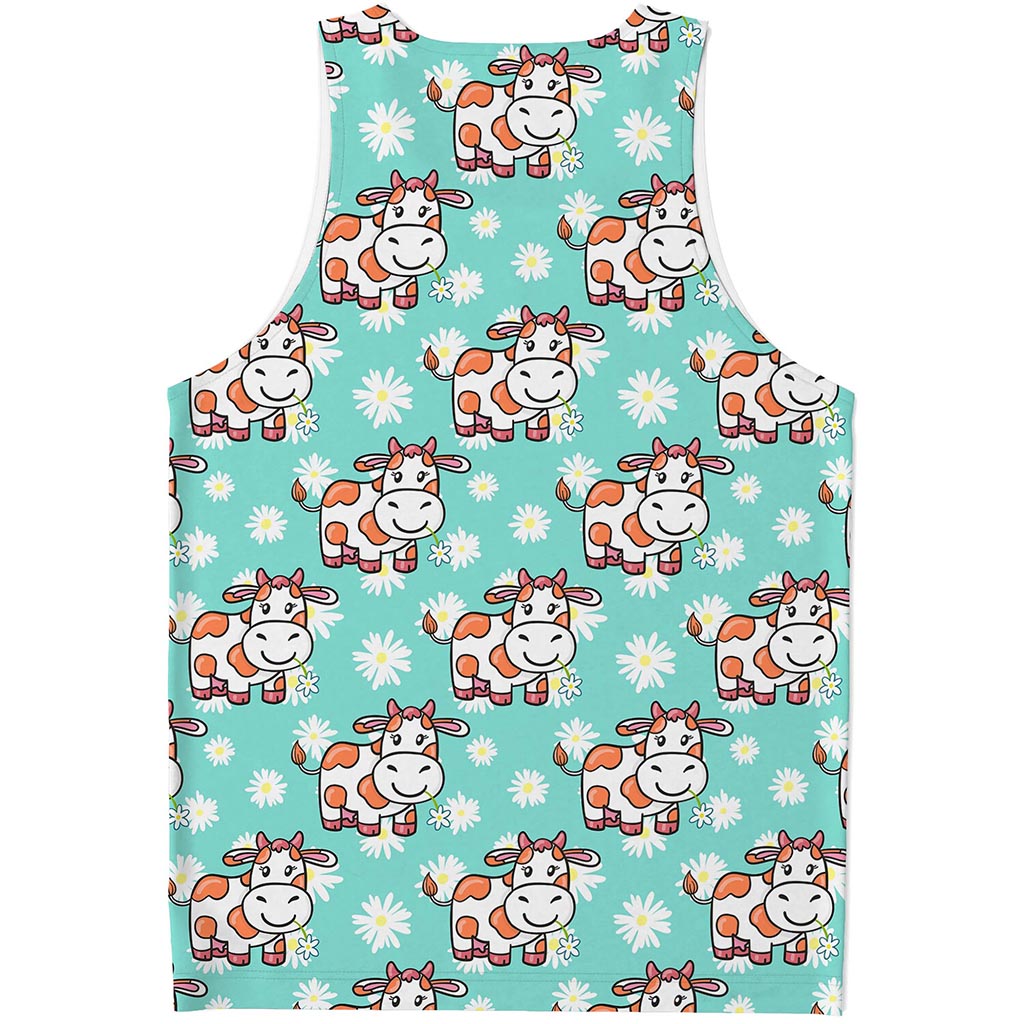 Cartoon Cow And Daisy Flower Print Men's Tank Top