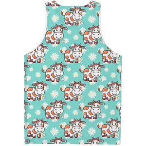 Cartoon Cow And Daisy Flower Print Men's Tank Top