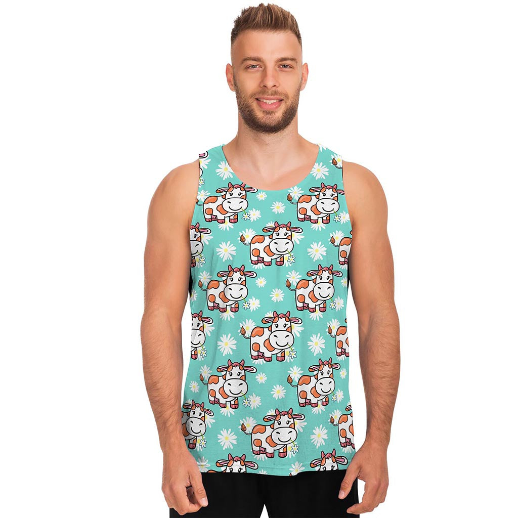 Cartoon Cow And Daisy Flower Print Men's Tank Top