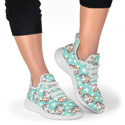 Cartoon Cow And Daisy Flower Print Mesh Knit Shoes GearFrost