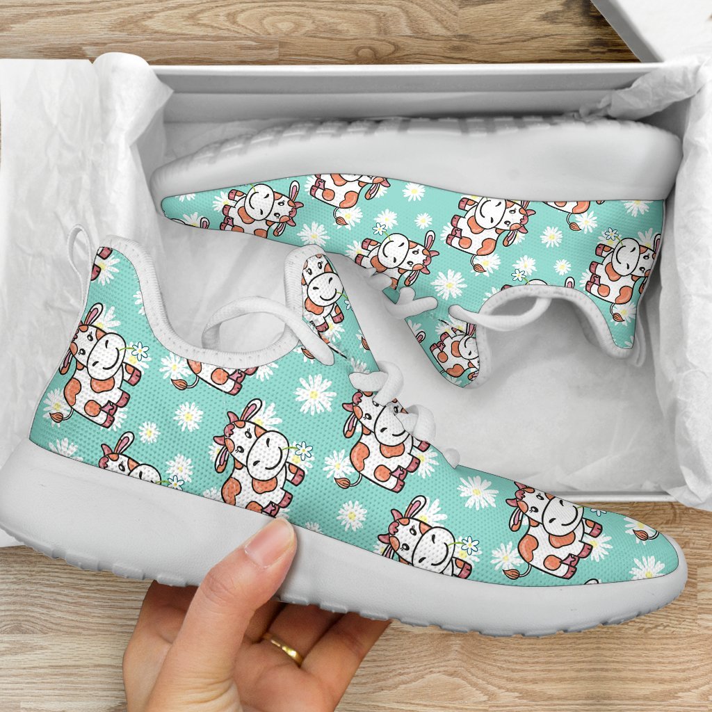 Cartoon Cow And Daisy Flower Print Mesh Knit Shoes GearFrost