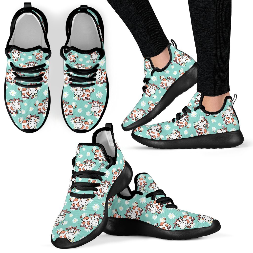 Cartoon Cow And Daisy Flower Print Mesh Knit Shoes GearFrost