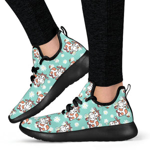 Cartoon Cow And Daisy Flower Print Mesh Knit Shoes GearFrost