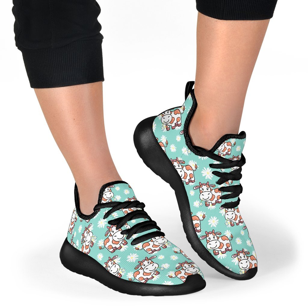 Cartoon Cow And Daisy Flower Print Mesh Knit Shoes GearFrost