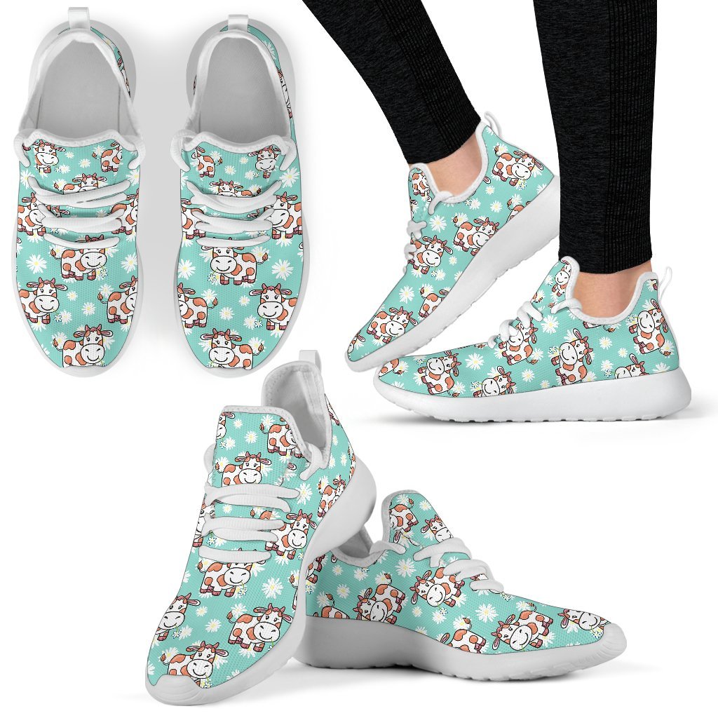 Cartoon Cow And Daisy Flower Print Mesh Knit Shoes GearFrost