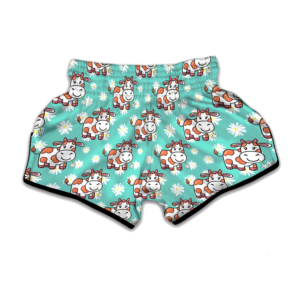 Cartoon Cow And Daisy Flower Print Muay Thai Boxing Shorts