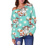 Cartoon Cow And Daisy Flower Print Off Shoulder Sweatshirt GearFrost