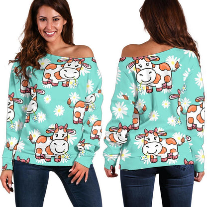 Cartoon Cow And Daisy Flower Print Off Shoulder Sweatshirt GearFrost