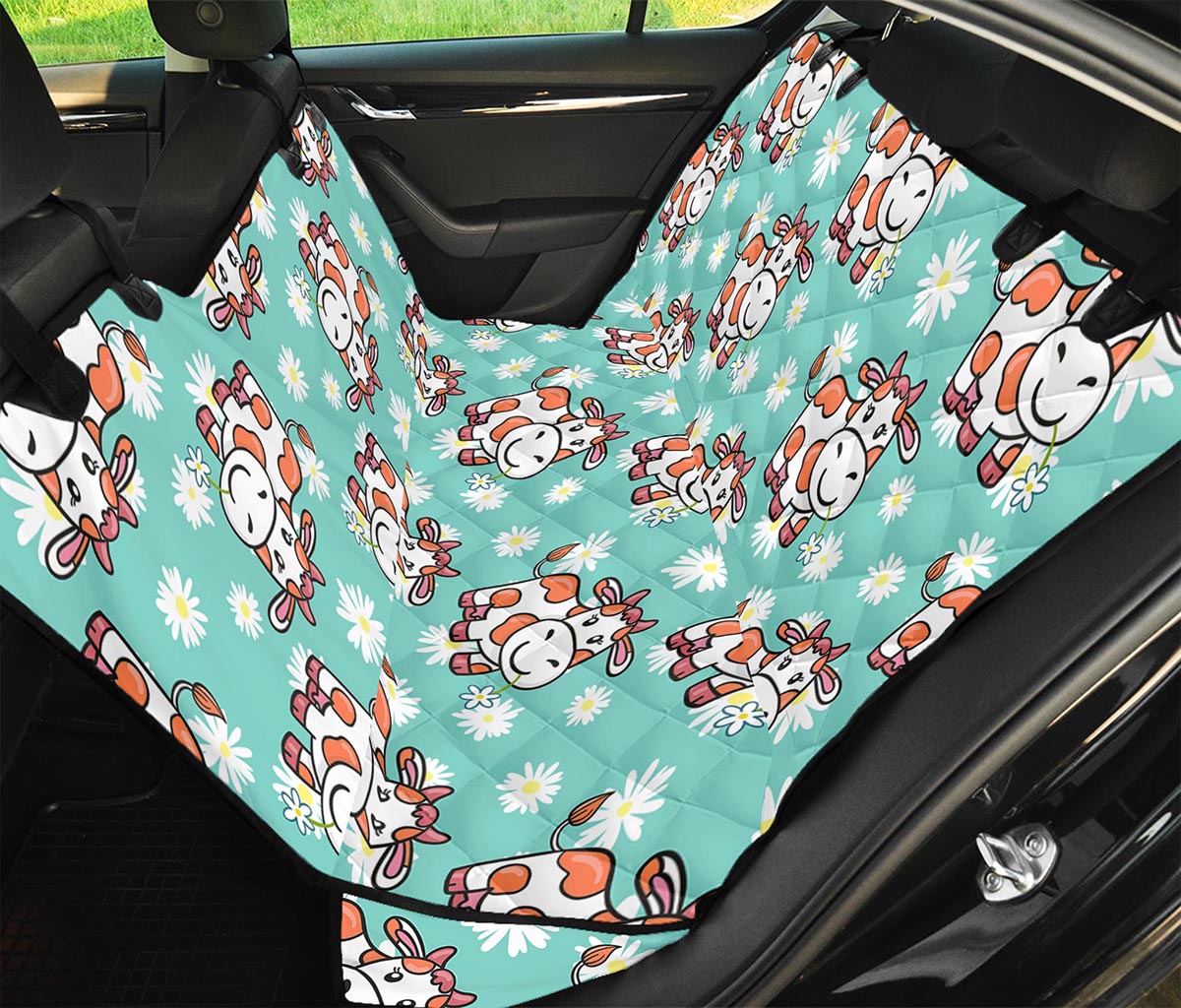 Cartoon Cow And Daisy Flower Print Pet Car Back Seat Cover