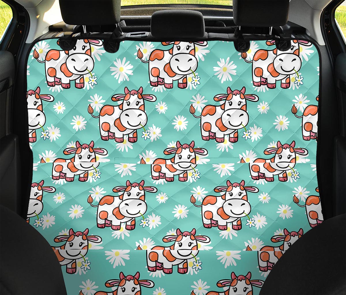 Cartoon Cow And Daisy Flower Print Pet Car Back Seat Cover