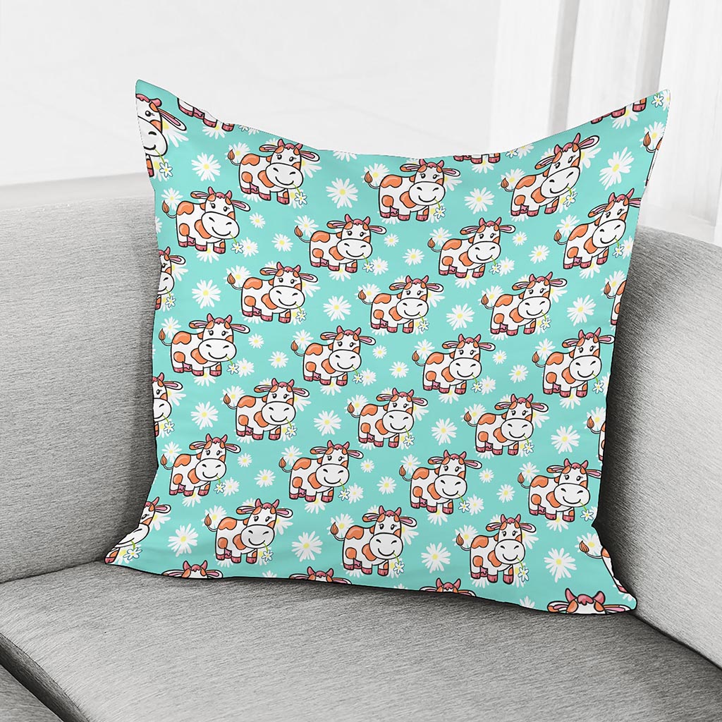 Cartoon Cow And Daisy Flower Print Pillow Cover