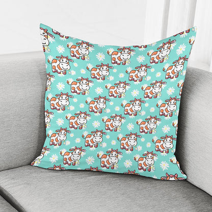 Cartoon Cow And Daisy Flower Print Pillow Cover