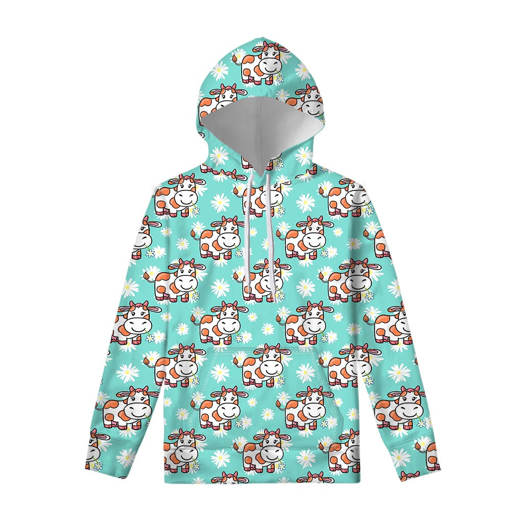 Cartoon Cow And Daisy Flower Print Pullover Hoodie