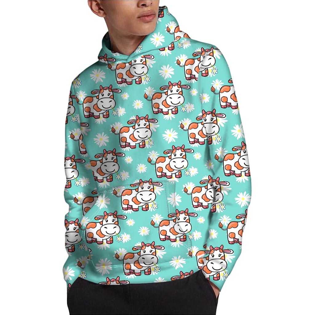 Cartoon Cow And Daisy Flower Print Pullover Hoodie