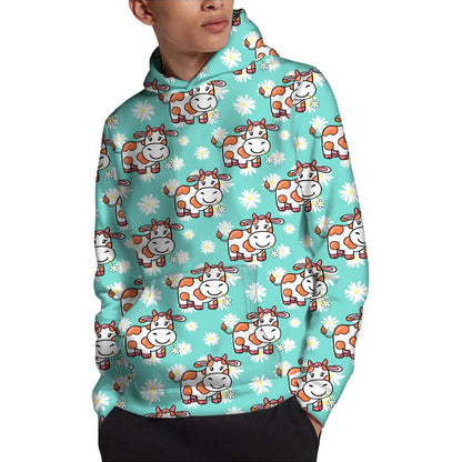 Cartoon Cow And Daisy Flower Print Pullover Hoodie